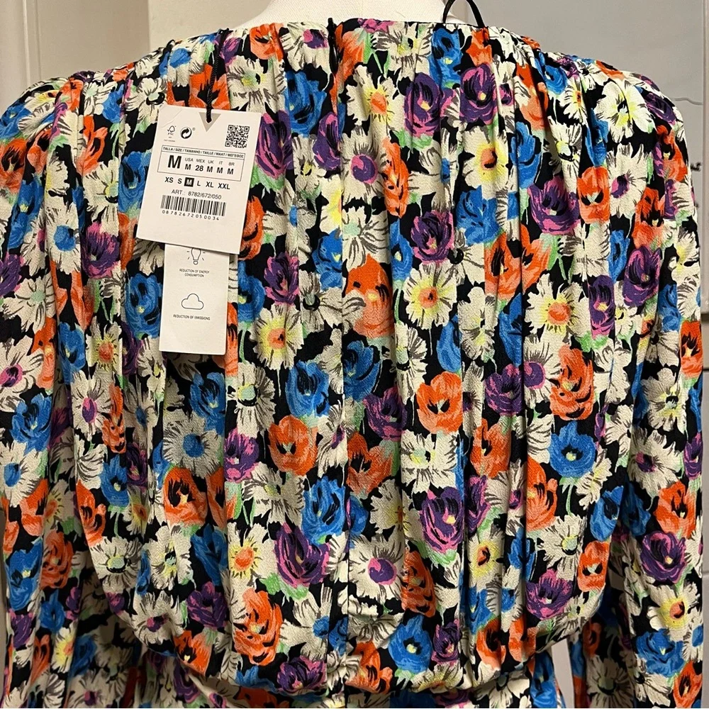 Zara Multicolor Floral Long Sleeve Ruched Mini Dress Size Medium - Picture 9 of 16